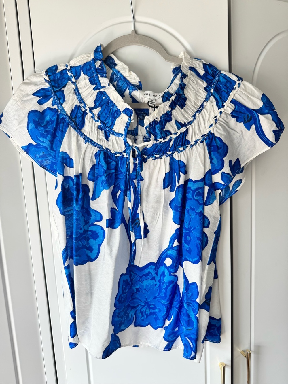 Rose & Olive White Blouse with Vibrant Blue Floral Print